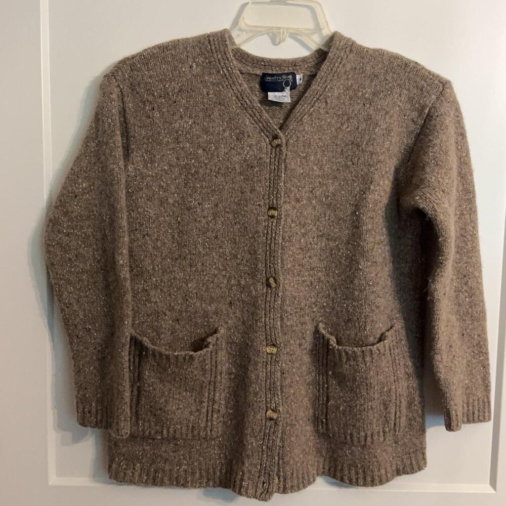 Country Shop Cardigan Sweater Sz M Brown Wool Cotton Silk V Neck Pockets Chunky